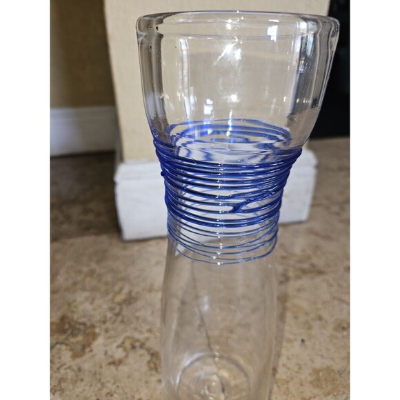 BLENKO CLEAR & BLUE VINTAGE THREAD SWIRL TALL PITCHER VASE - Picture 3 of 3